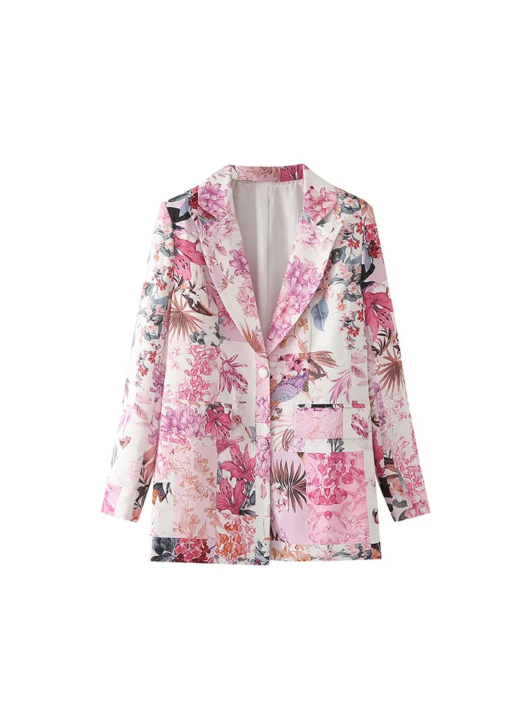 

BM&MD&ZA Women 2022 New Fashion printing Single-breasted Blazer Coat Vintage Long Sleeve Pockets Female Outerwear Chic