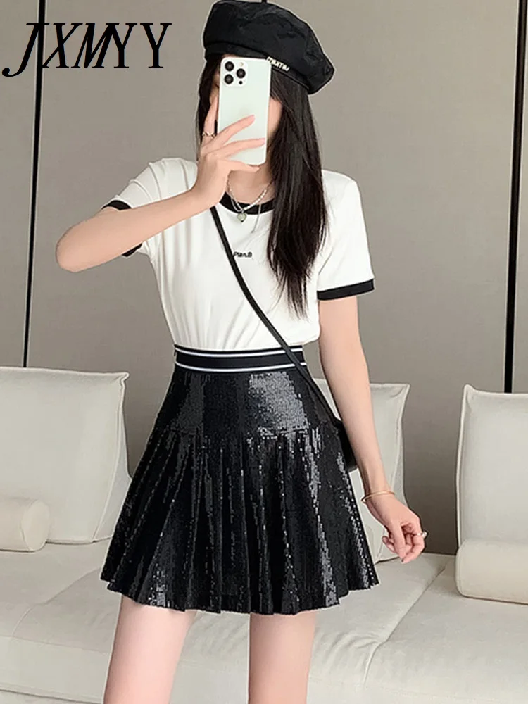 

JXMYY 2023 Fashion Brand Versatile Combination Slim Mid Waist Sequin Slim Fit Pleated Skirt A-line Skirt for Women