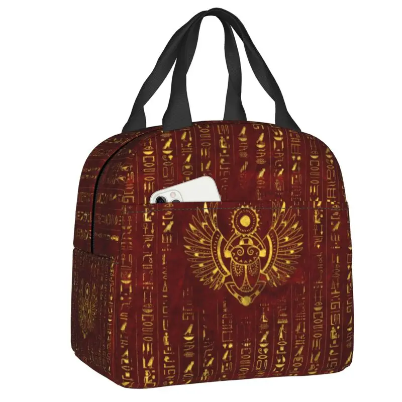 

Golden Egyptian Scarab Hieroglyphs Symbols Insulated Lunch Bags for School Ancient Egypt God Leakproof Cooler Thermal Lunch Box