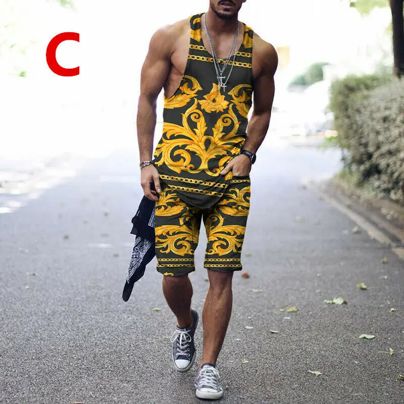 Mens Summer Outfit 2-Piece Set Tank Top Shirts and Shorts Sweatsuit Gym 