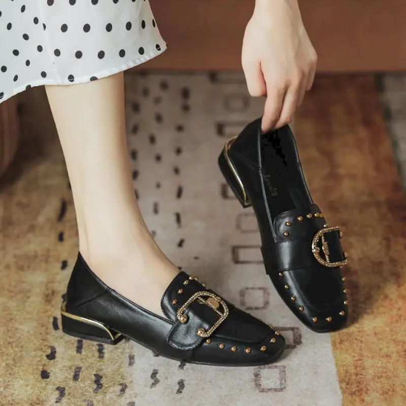 

Ricaqico Leather Heels Women British Style Fashion Pumps Women's Soft Leather Shoes 2022 Spring All-match Thick Heel Peas Shoes