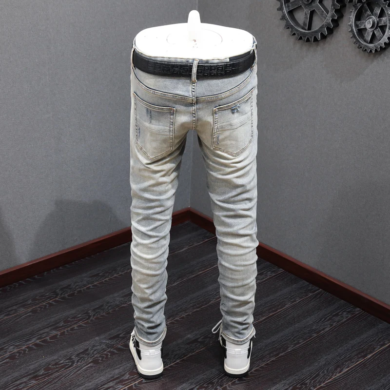 High Street Fashion Men Jeans Retro Gray Blue Elastic Stretch Skinny Ripped Jeans Men Patched Designer Hip Hop Brand Pants Homme