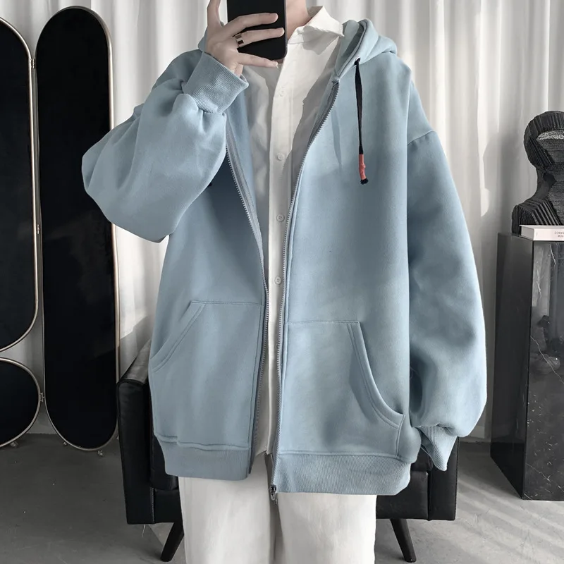 Men's Hooded Vjacket, Japanese Casual Style, Zipper, Single Color, Baseball, Lover, Pullover, Spring Autumn Fashion