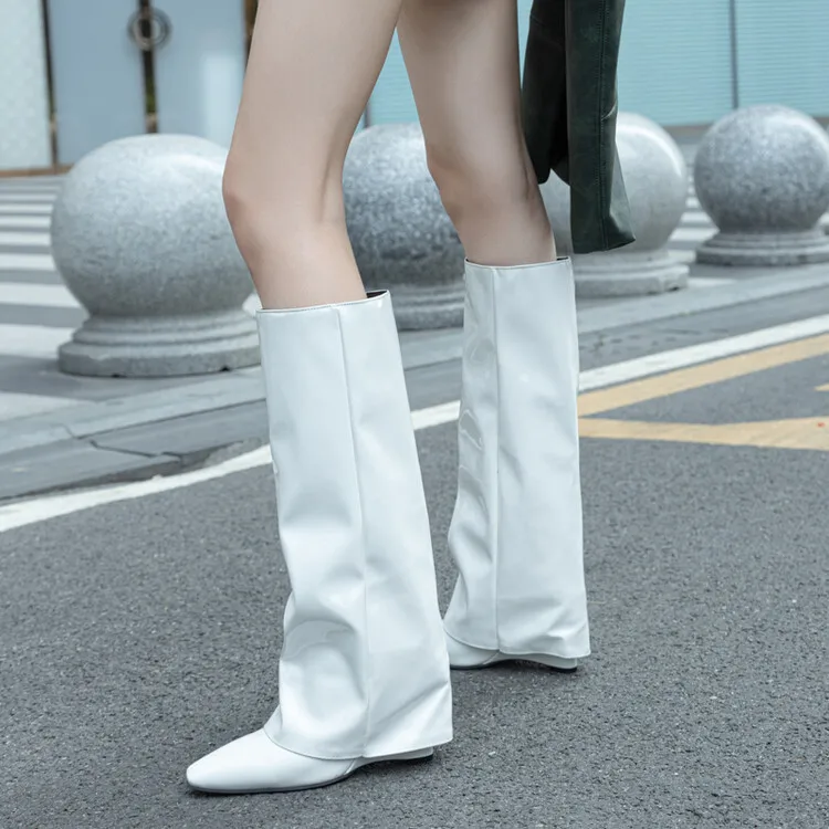2023 Wedge High Heel Women Patent Leather Knee High Boots Winter Fashion Pointed Toe Slip On Big Size Trouser Boots