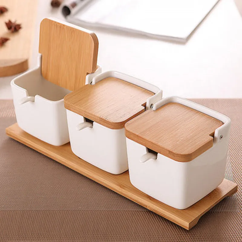 

Simple fashion bamboo ceramic condiment jar seasoning pot salt pot