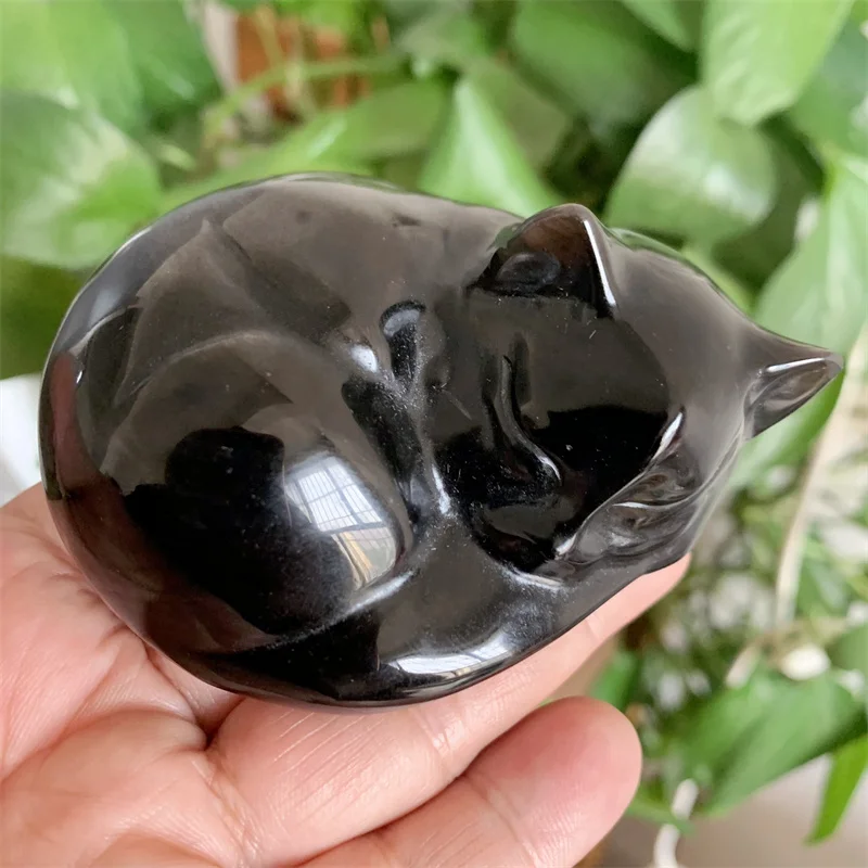 

Natural Black Obsidian Hand Carved Sleeping Cat Quartz Crystal Skull Crystals And Stones Healing Home Decoration Gift