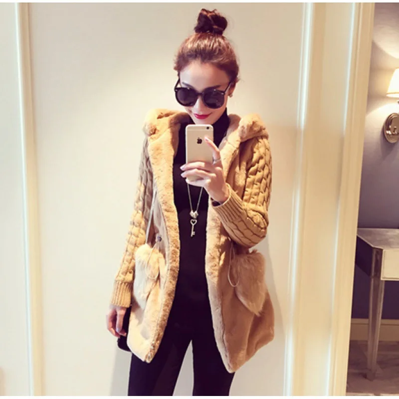 2022 Autumn  Winter  Knitted Sweater Jacket Women Clothing, Vintage Fashion, Plush Fur, Thickened Hooded Coat, Female Coats