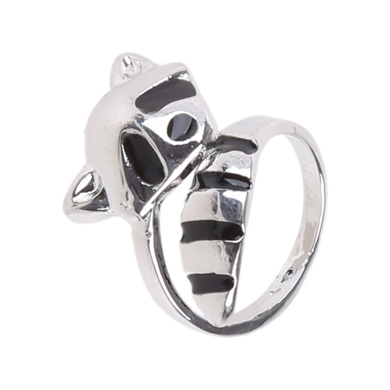 

Black Enamel Raccoon Finger Rings Silver Ring Adjustable Open Rings for Girls