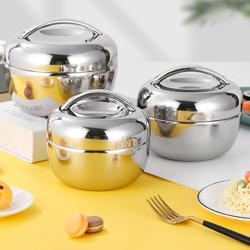 

Stainless Steel Double Layer Lunch Box With Lid, Insulation Students Round Cafeteria Apple Shaped Bento