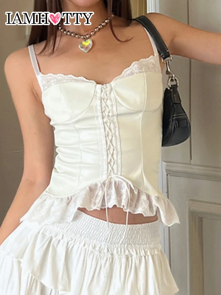 

IAMHOTTY Coquette Sexy Lace Patchwork Pu Leather Corset White Spaghetti Strap Lace-up Crop Tops Y2K Camis Cute Fairycore Tanks