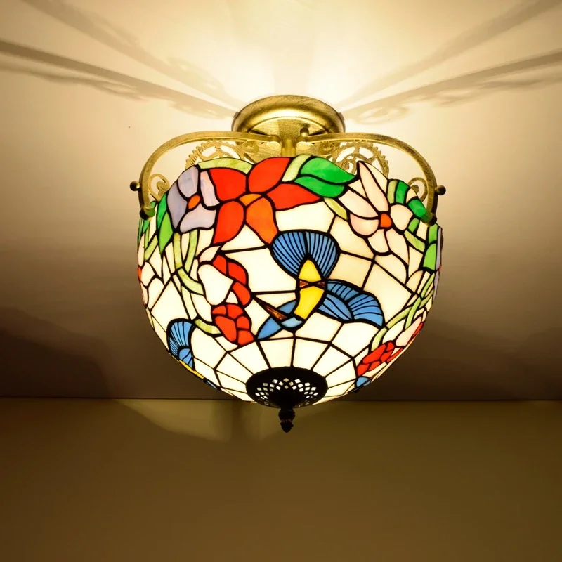 Потолочный светильник Тиффани Колибри и цветы Витражи Полузаподлицо Лампа