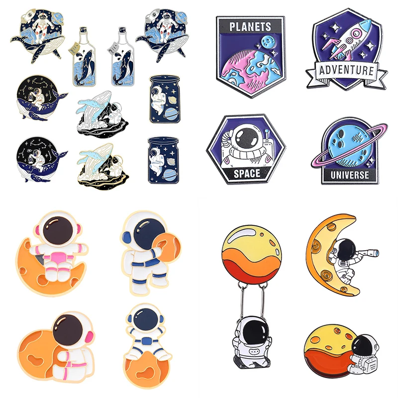 

Spaceman Astronaut Rocket Whale Pins Cartoon Aerospace Pins Clothing Backpack Alloy Brooch Enamel Lapel Pins Badge Wholesale