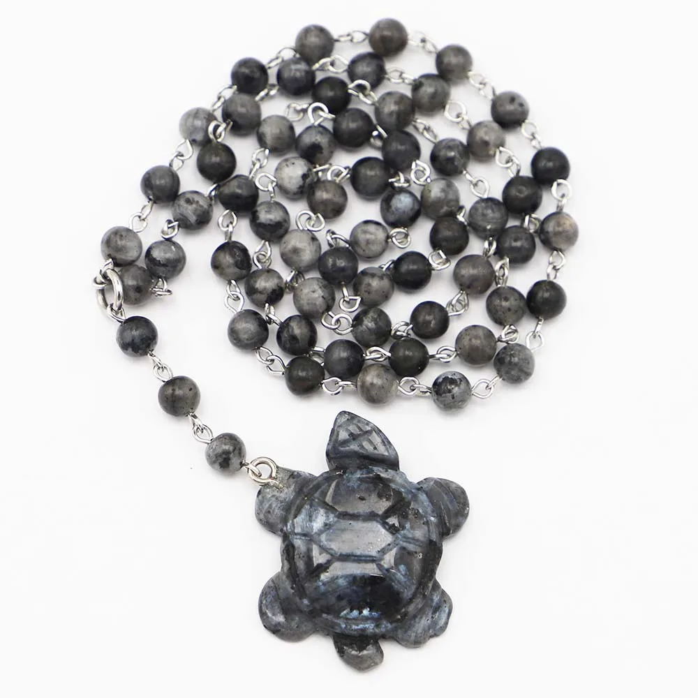 Natural Stone Round Beads Black Glitter Sculpture Tortoise Pendant Necklace Sweater Chain DIY Jewelry Making Wholesale Gift 1Pcs