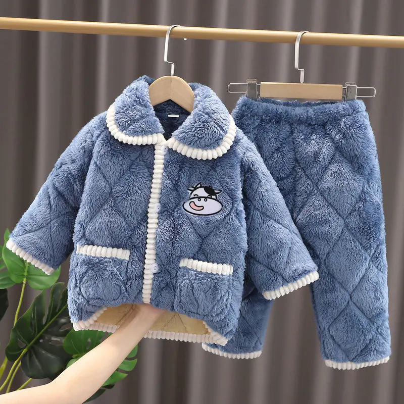 

Осенне-зимняя детская Фланелевая пижама утепленная бархатная детская теплая нижняя одежда кораллового цвета комплект домашней одежды для ...