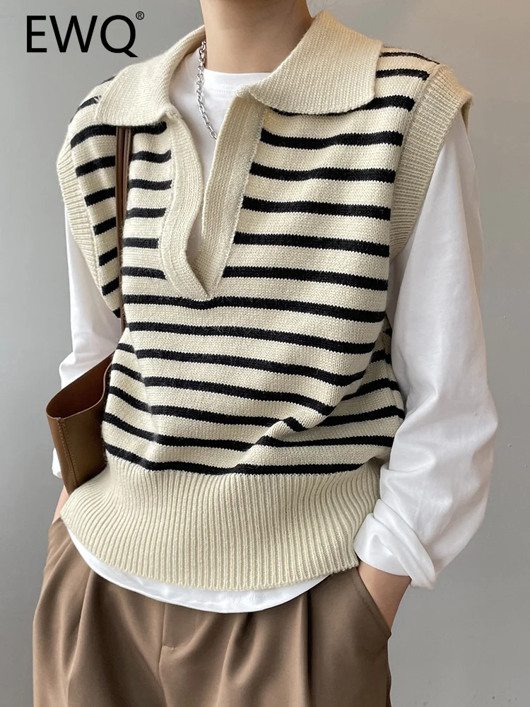 

EWQ полосатый вязаный жилет для женщин без рукавов с отворотом простой Свободный пуловер женские топы 2023 Осенняя новая одежда 26D5063