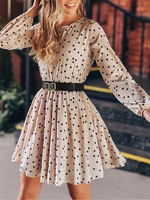 polka dot khaki dress mini length o neck long sleeve women a line casual vaccation vintage large size gowns outfits 2022 spring