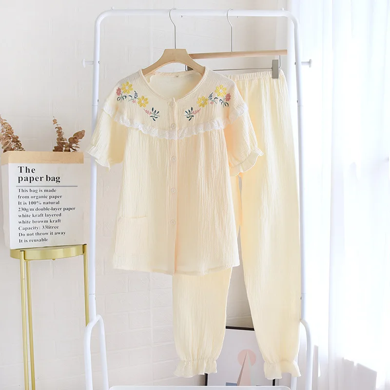 Summer Loungewear Pajamas Set Crepe Raglan Embroidered Short-sleeved Trousers Casual Pyjamas Women Sleepwear Nightwear Pajama