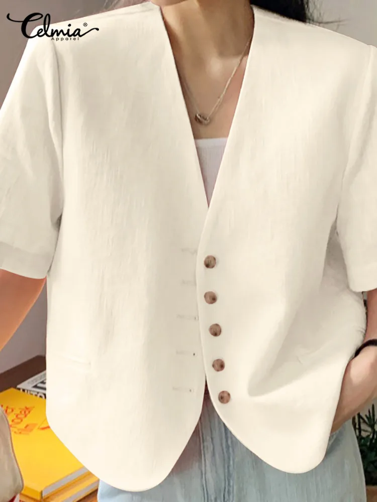 

Celmia Women Fashion Thin Blazer Buttons Short Sleeve Casual Commuting Short Outerwear Elegant 2022 Summer Solid Color Blazer
