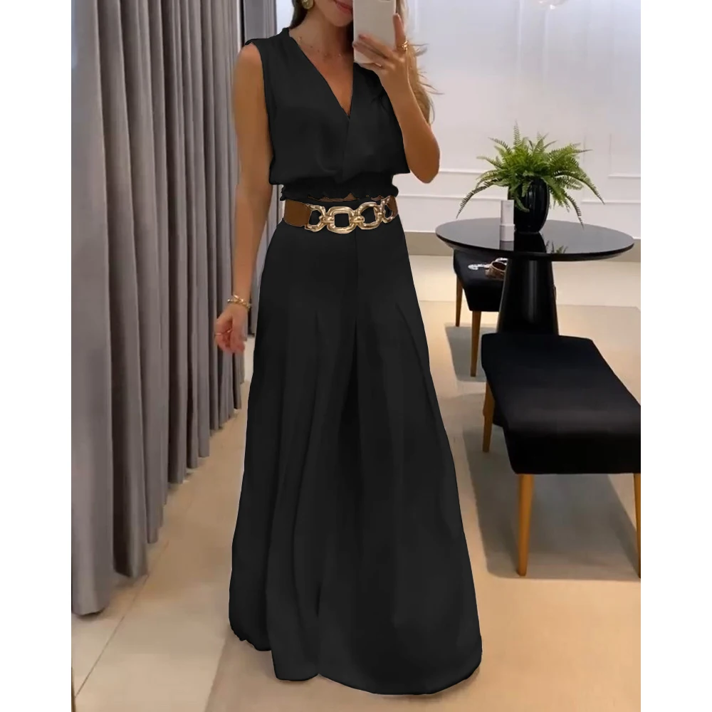 

Women V-Neck Shirred Tank V Neck Sleeveless Ladies Tops Elegant Shirt Top and Flared Pants solid Two Piece set Set for Women