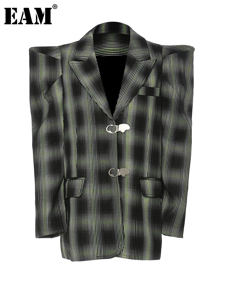 

[EAM] Women Black Plaid Shaped Elegant Blazer New Lapel Long Sleeve Loose Fit Jacket Fashion Tide Spring Autumn 2022 1DE9888