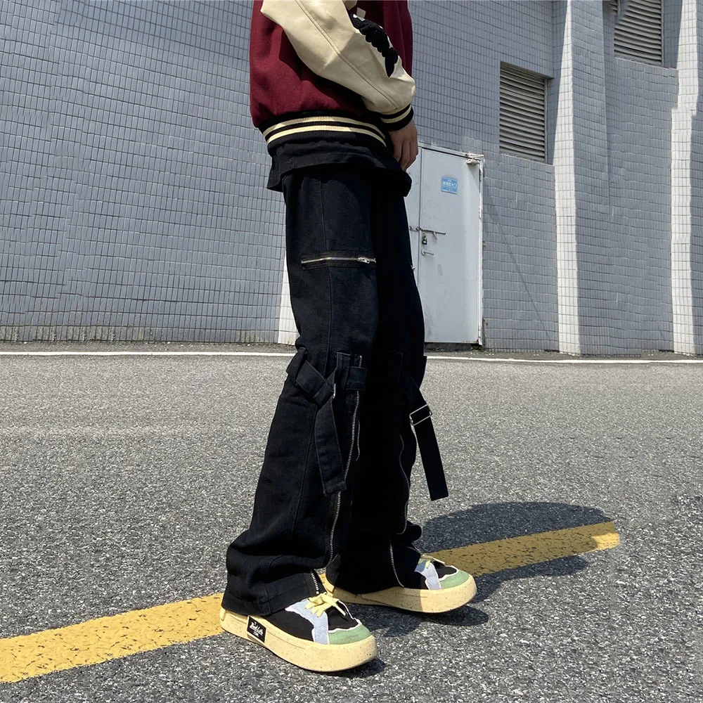 Emo Men Black Streetwear Gothic Straight Wide Leg Cargo Pants Y2K Alt Harajuku Baggy Trousers Low Rise Jeans Overalls Clothes