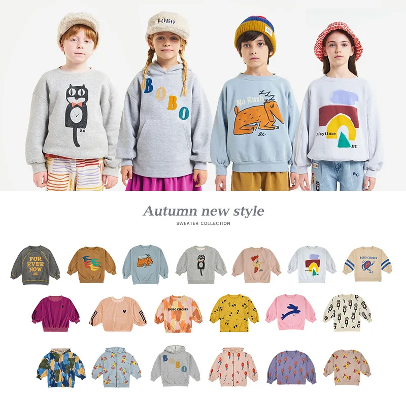 

Children's Sweatshirt 2022 Ins Autumn and Winter New BC Boys and Girls Color Cartoon Pattern Plus Velvet Warm Hooded Sweater