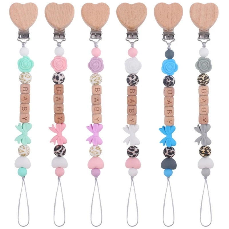 

Baby Pacifier Chain Beech Wood Clip Teething Chain Nipple Holder Bowknot Charm Chewable Pendant Newborn Accessory