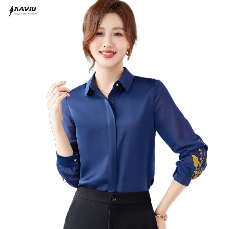 

Navy Blue Embroidery Shirt Women Spring Autumn New Fashion Temperament Long Sleeve Formal Blouses Office Ladies Work Tops White