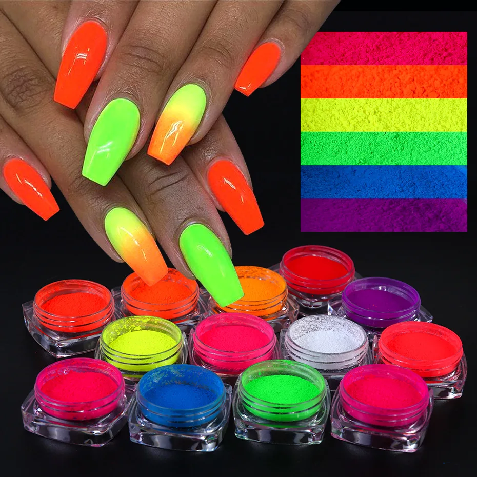 1Box Neon Nail Powder Fluorescent Pigment Green Pink Nail Glitter Gradient Effect Ombre Rubbing Dust Summer Decor Manicure