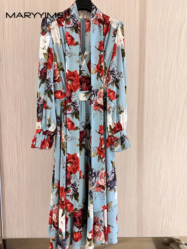 

MARYYIMEI Flare Sleeve Scarf Collar Silk dress Spring Autumn Vintage Print Pleated Holiday Large Swing Long Dresses