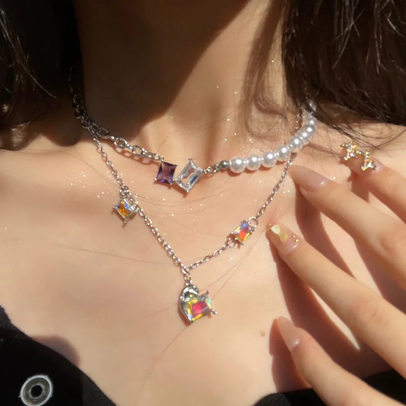 

Iridescent Diamond-Studded Square Pearl Necklace for Women 2-Piece Set Korean Design Clavicle Chain Necklace Girls Jewelry
