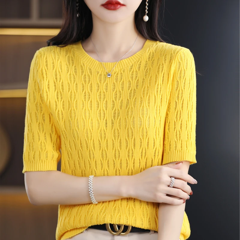 

Spring, Summer And Autumn Thin Worsted Wool Round Neck White Short Sleeve Knitting Bottoming Chic Hollow Sweater Half Sleeve