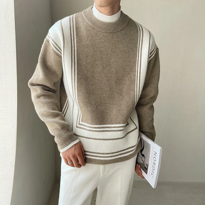 2022  Pullover Korean Sweater  Geometry Striped Print Knitted Sweater Men Pull Fall Winter Sweater Brand Knitted Sweater
