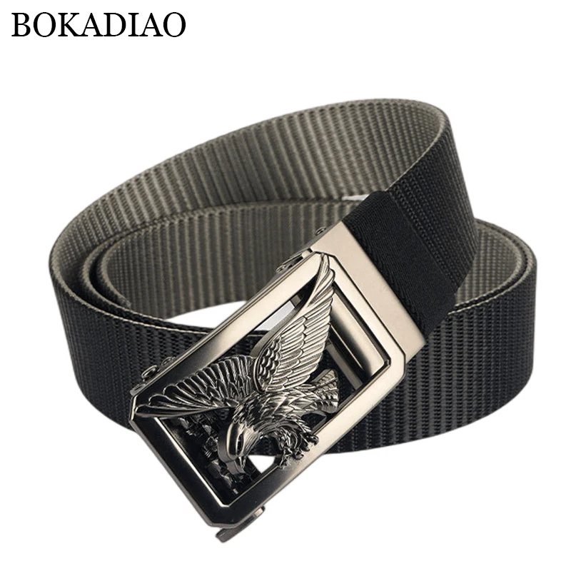 BOKADIAO Man Double-sided Nylon Belt Eagle Rotate Metal Automatic Buckle Canvas Belts for Men Jeans Waistband Bicolor Male Strap