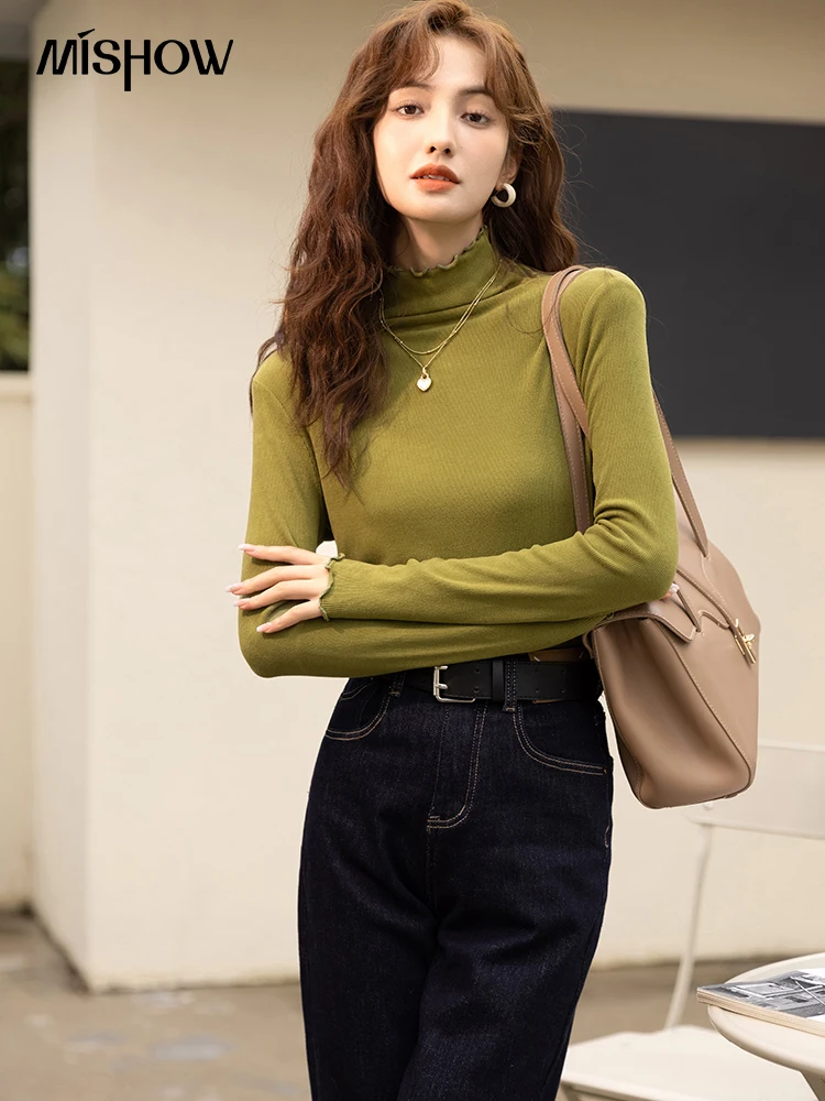 

MISHOW Turtleneck Knitted Tops 2022 Autumn Winter Korean Fashion Thicken Warm Solid T-shirts Soft Slim Woman Clothes MXB48Z1102