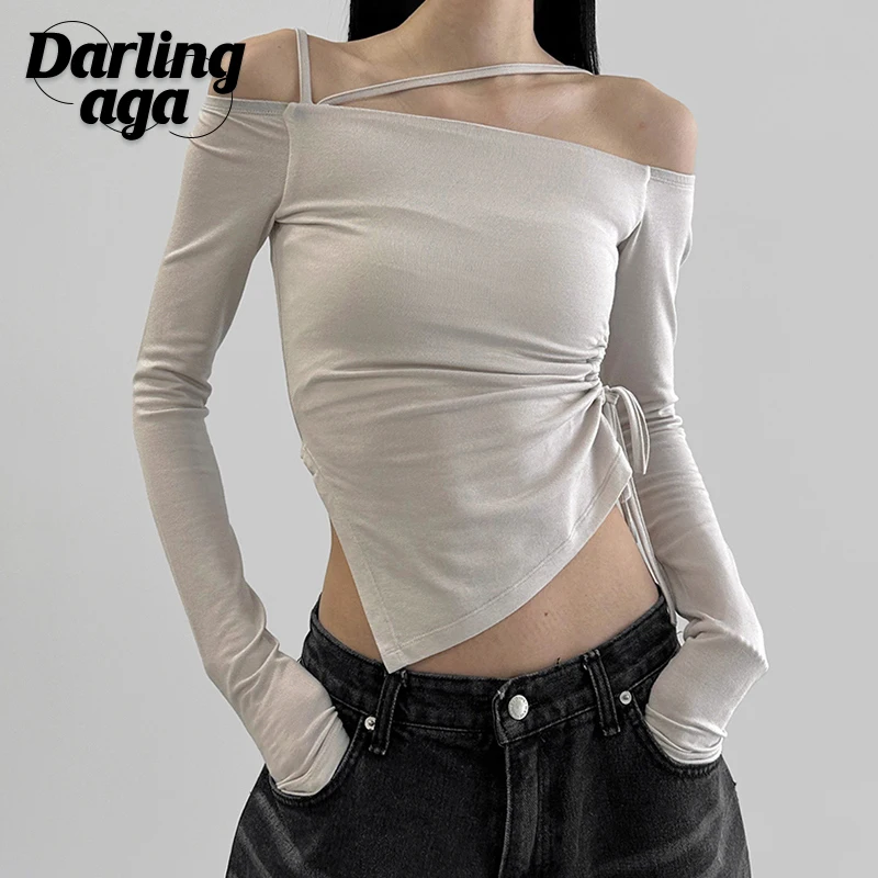 

Darlingaga Casual Off Shoulder Top Skinny Irregular Hem Long Sleeve T shirt Female Shirring Korean Style Autumn Tee Shirts Cute