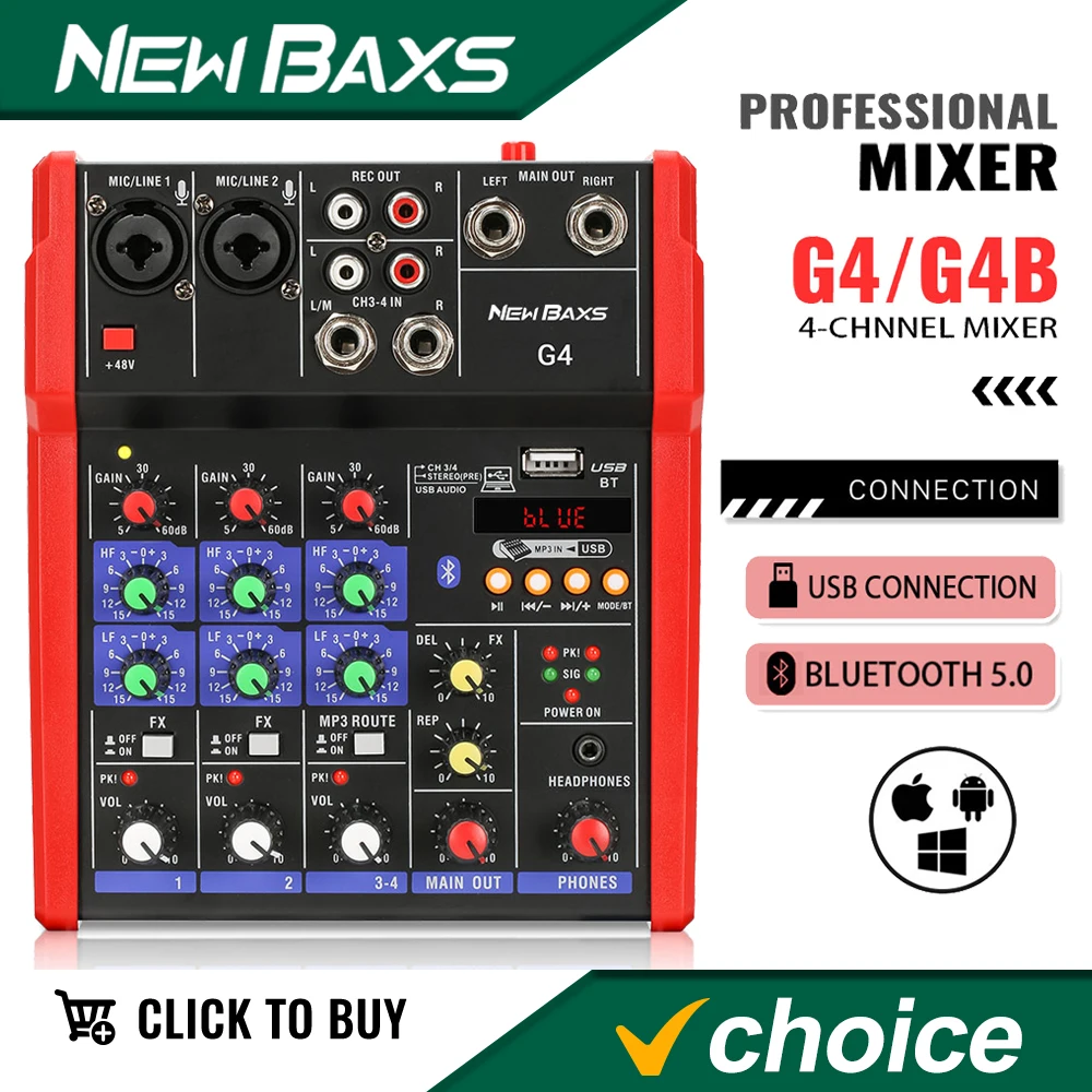 BAXS 4-канальный DJ-микшер с Bluetooth-монитором 48 В и фантомным питанием для караоке