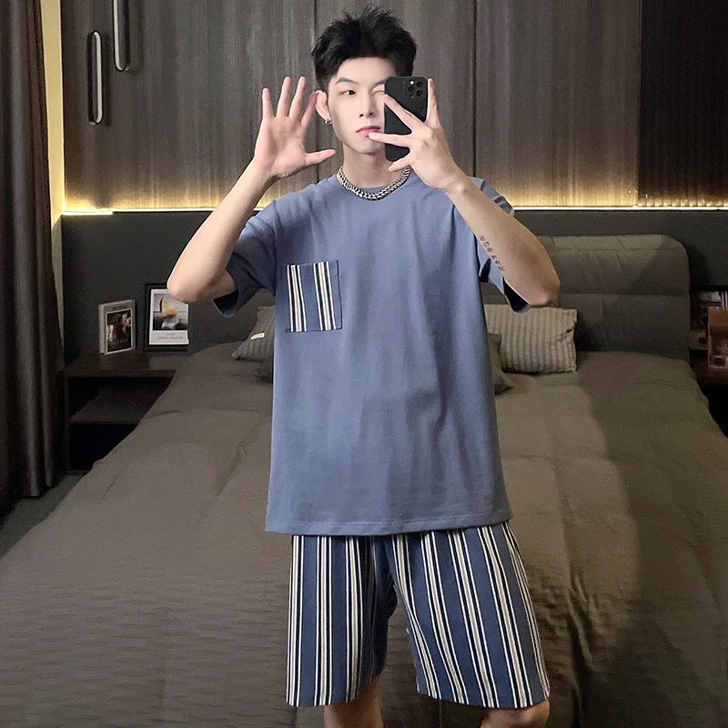 Men Summer Pyjama Set Cotton Soft Comfortable Striped Teen Pocket Lounge Plaid Home Sleepwear 2 Pieces Broadcloth