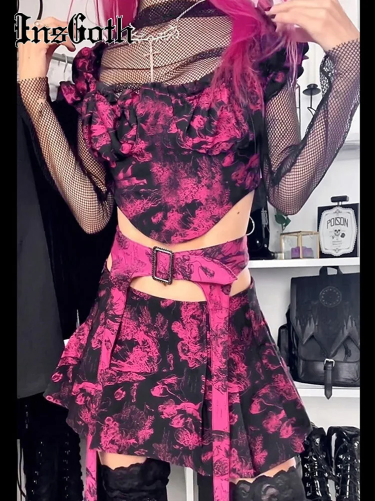 

InsGoth Tie Dye 2 Piece Set Street Vintage Rose Red Floral Print Belt Mini Skirt Set Gothic Sexy One Shoulder Shirring Partywear