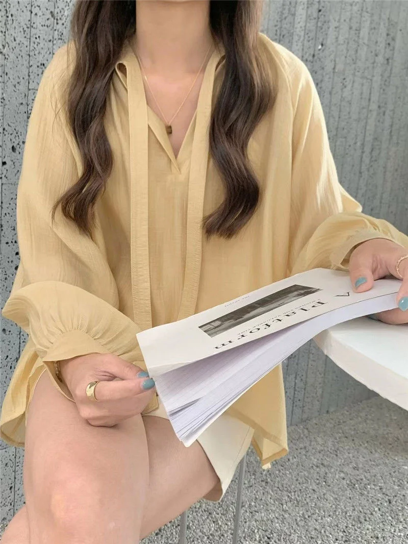 

Design Sense Super Fairy Ribbon Loose Thin Pullover Long Sleeve Sunscreen Shirt Slightly Transparent Chiffon Top