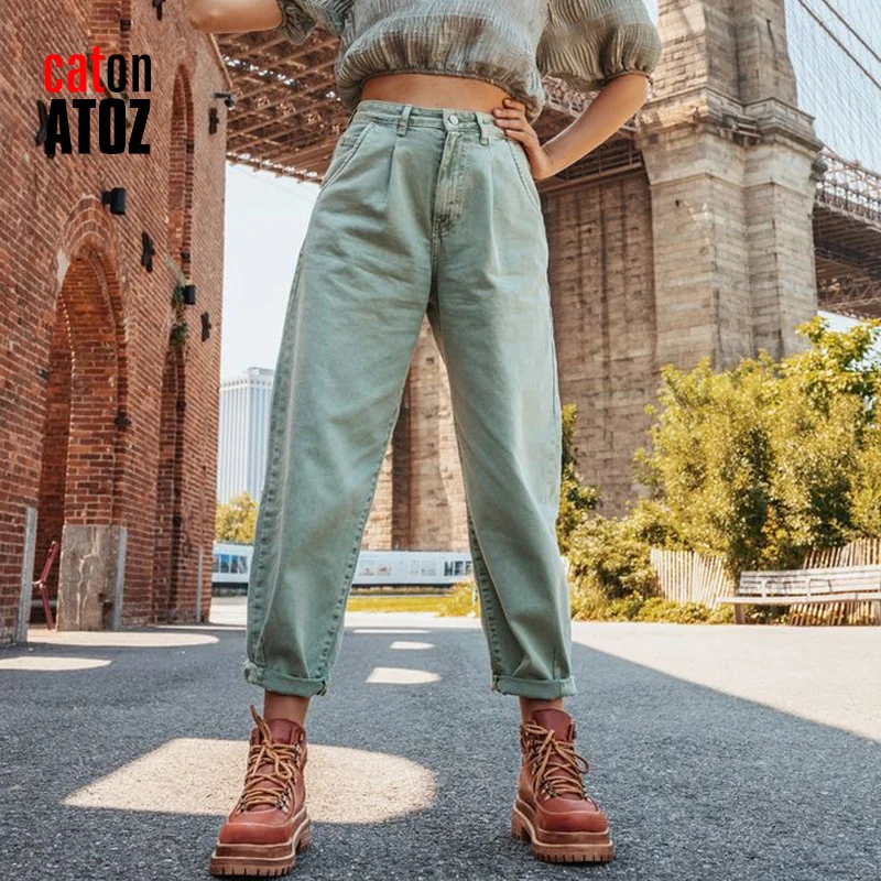 

catonATOZ 2248 Women's Cargo Pants Green Pleated Mom Jeans High Waist Loose Jeans Harem Boyfriend Pants Casual Trousers