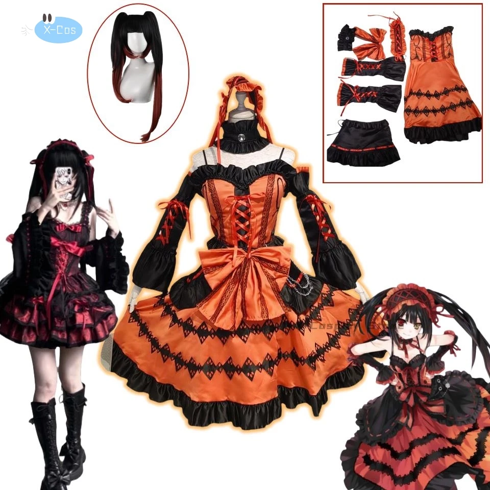 DATE A LIVE Tokisaki Kurumi Косплей Костюм Парик с челкой Зажим для хвостиков Comic Con Nightmare