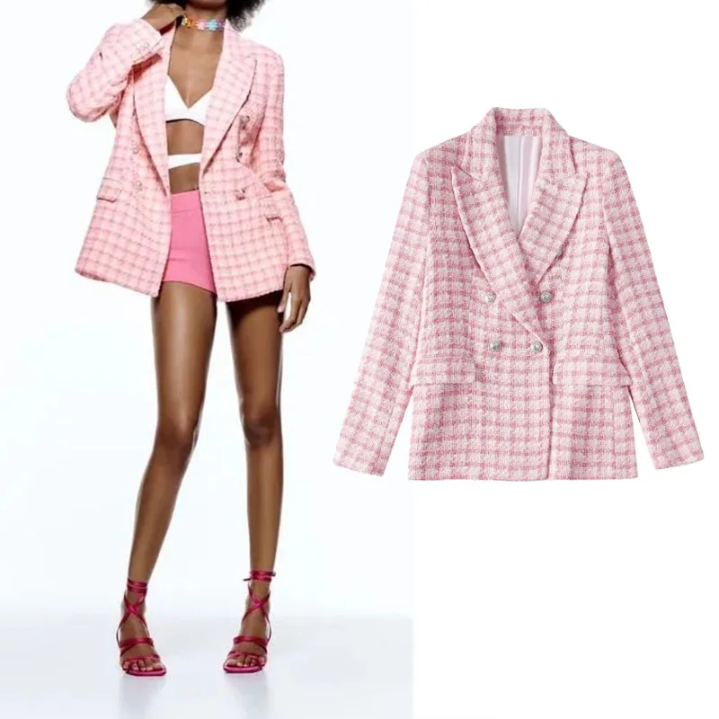 

TRAF Women Blazer Jacket 2022 New Vintage Textured Breasted Elegant Blazer Woman Coat Slim Female Blazers Chic Tops