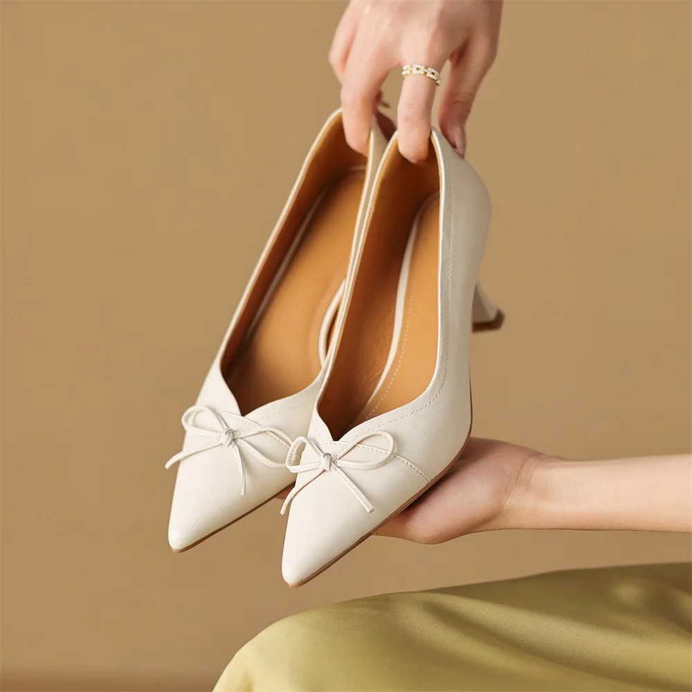 Cialisa Shoes For Women Genuine Leather Fashion Butterfly-Knot Party Dress Thin High Heels Ladies Footwear Beige 2023 Spring New
