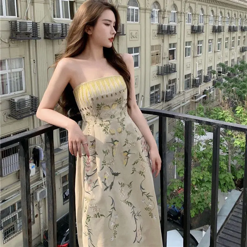 

Retro palace embroidery print girls party dress 2022summer sleeveless tube top elegant dress fashion literary performance dress
