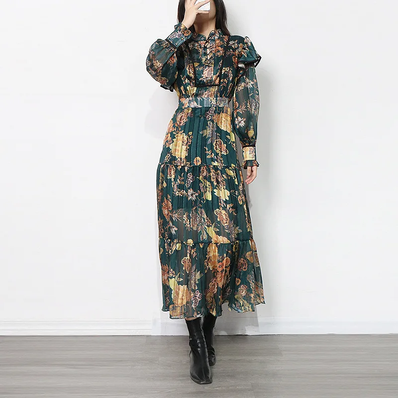 

European Vintage Dress Women Chiffon Printed Long Dress 2022 Spring Retro Dress Emerald Lace Up Neck Corset Waist flower Dress