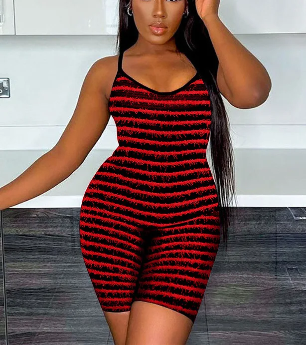 Jumpsuits Women Summer 2023 Summer Fashion Casual Muscle Striped Suspenders Hip Lift Jumpsuit Shorts