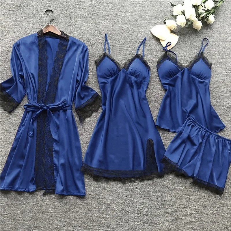 2023 Women Pajamas Sets Satin Sleepwear Silk 4 Pieces Nightwear Pyjama Strap Lace Sleep Lounge Pajama With Chest Pads Drop
