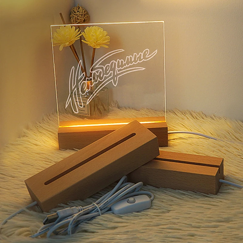 

Деревянная светодиодная основа для акрилового ночного освещения, 7 цветов, 3D деревянная подставка для лампы, прямоугольная круглая деревян...