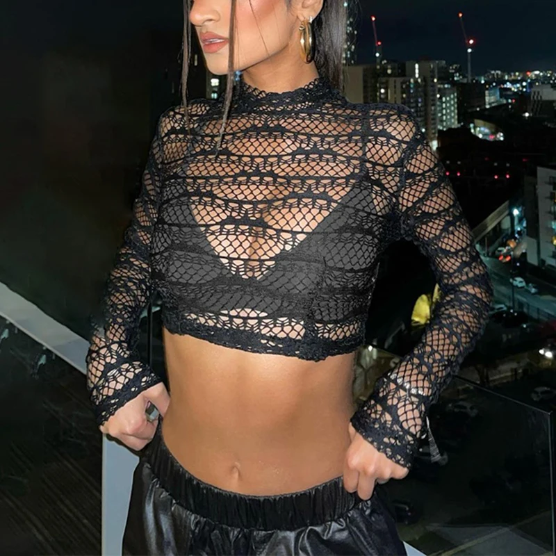 

Sexy Hollow Perspective Tube Tops Mock Neck Long Sleeve Cut-out Back Zipper Short Women's Crop Tops Outfit